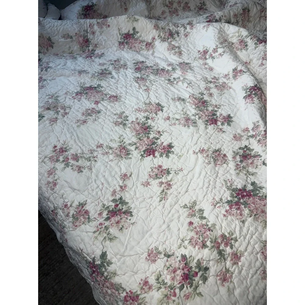 VTG Simply Shabby Chic Pink Floral Rose Cotton King Quilt Laura Ashley cottagec
